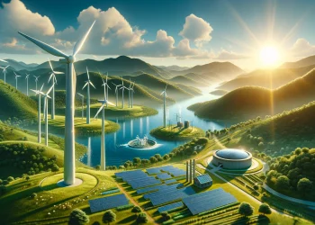Beschreibung für DALL-E 3: Hauptthema: Grüne Energiequellen und Nachhaltigkeit Szenerie: Eine harmonische Kombination verschiedener erneuerbarer Energiequellen in einer idyllischen Landschaft Fokus: Im Vordergrund eine Reihe von modernen Windturbinen auf einem offenen Feld. Im Mittelgrund Solarpaneele, die das Sonnenlicht einfangen. Im Hintergrund ein kleines Wasserkraftwerk an einem Fluss und sanfte Hügel mit grüner Vegetation. Details: Die Sonne scheint hell und beleuchtet die Szene, symbolisch für Solarenergie. Die Windturbinen sind elegant und futuristisch, um Fortschritt und Effizienz zu symbolisieren. Das Wasserkraftwerk integriert sich nahtlos in die natürliche Umgebung, um die Harmonie zwischen Technologie und Natur zu betonen. Optional können Elemente wie ein Geothermie-Kraftwerk oder Biomasseanlagen hinzugefügt werden, um die Vielfalt der grünen Energiequellen zu zeigen. Stimmung: Die Szene soll Optimismus, Harmonie und eine fortschrittliche Zukunft ausstrahlen. Farbschema: Grüne und blaue Töne dominieren, um die Themen Natur und Nachhaltigkeit zu unterstreichen, ergänzt durch das Gelb der Sonne. Format: 1920 x 1280 Pixel, horizontal ausgerichtet.