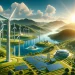 Beschreibung für DALL-E 3: Hauptthema: Grüne Energiequellen und Nachhaltigkeit Szenerie: Eine harmonische Kombination verschiedener erneuerbarer Energiequellen in einer idyllischen Landschaft Fokus: Im Vordergrund eine Reihe von modernen Windturbinen auf einem offenen Feld. Im Mittelgrund Solarpaneele, die das Sonnenlicht einfangen. Im Hintergrund ein kleines Wasserkraftwerk an einem Fluss und sanfte Hügel mit grüner Vegetation. Details: Die Sonne scheint hell und beleuchtet die Szene, symbolisch für Solarenergie. Die Windturbinen sind elegant und futuristisch, um Fortschritt und Effizienz zu symbolisieren. Das Wasserkraftwerk integriert sich nahtlos in die natürliche Umgebung, um die Harmonie zwischen Technologie und Natur zu betonen. Optional können Elemente wie ein Geothermie-Kraftwerk oder Biomasseanlagen hinzugefügt werden, um die Vielfalt der grünen Energiequellen zu zeigen. Stimmung: Die Szene soll Optimismus, Harmonie und eine fortschrittliche Zukunft ausstrahlen. Farbschema: Grüne und blaue Töne dominieren, um die Themen Natur und Nachhaltigkeit zu unterstreichen, ergänzt durch das Gelb der Sonne. Format: 1920 x 1280 Pixel, horizontal ausgerichtet.
