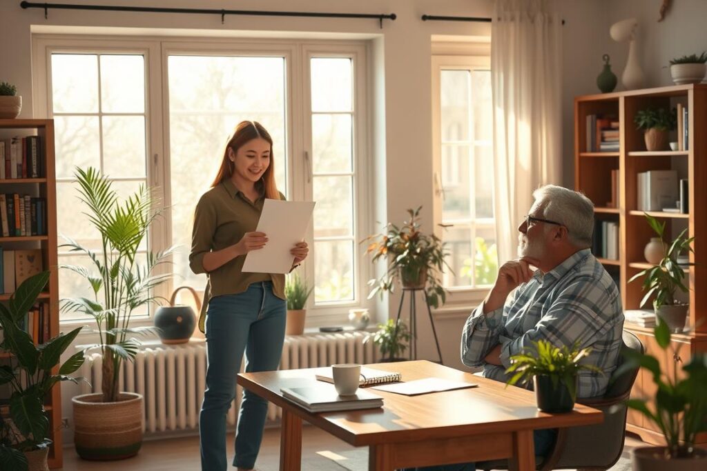 A cozy home interior, with a tenant meeting with their landlord to discuss pet ownership. The tenant stands confidently, holding adoption papers, while the landlord sits at a wooden desk, a thoughtful expression on their face. Natural light streams in through large windows, casting a warm glow. Bookshelves and potted plants create a welcoming atmosphere. The tenant's body language conveys a sense of hope and anticipation, while the landlord's stance suggests an openness to considering the request. Realistic textures, soft shadows, and a muted color palette evoke a sense of professionalism and negotiation.
