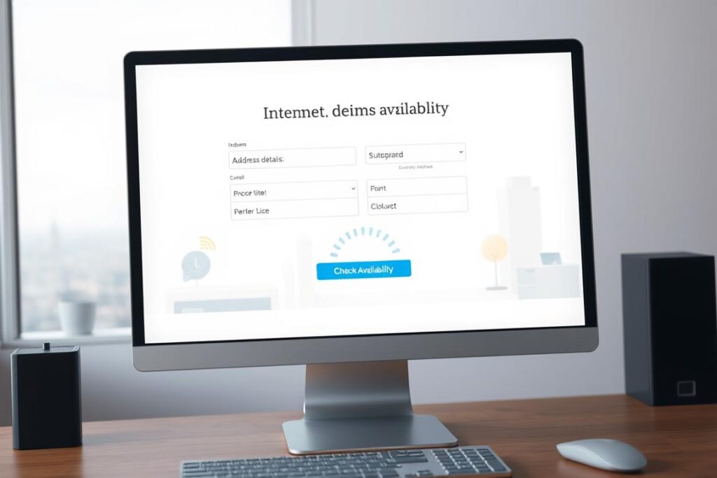 A detailed 3D rendering of an internet connection availability inquiry interface displayed on a modern desktop computer screen. The foreground features a clean, minimalist design with input fields for address details and a prominent "Check Availability" button. The middle ground shows a dynamic loading animation, conveying the process of retrieving and analyzing connectivity data. The background depicts a subtly blurred cityscape, suggesting the urban context of the address. The lighting is soft and natural, creating a calm, professional atmosphere. The camera angle is slightly elevated, providing a slightly overhead perspective for a user-friendly user experience.