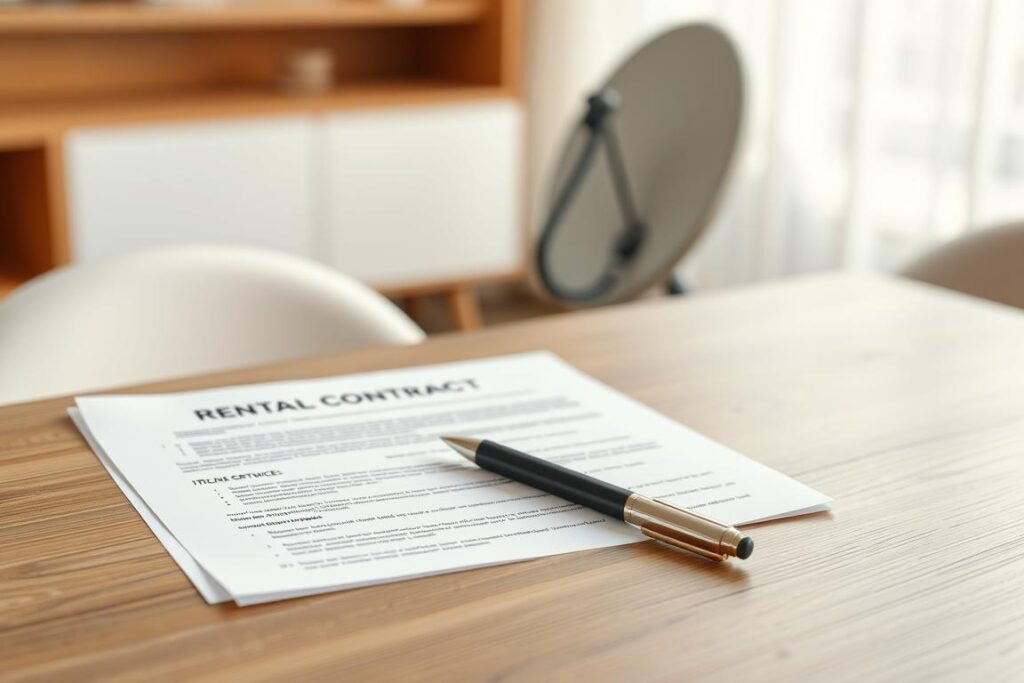 A detailed rental contract for a satellite dish, displayed on a wooden table with a minimalist, modern design. The contract pages are neatly arranged, with a pen nearby, suggesting a formal, legal setting. Soft, natural lighting illuminates the scene, creating a sense of professionalism and order. The background is blurred, keeping the focus on the contract, which is the central element. The overall mood is one of careful consideration and attention to detail, reflecting the importance of understanding the regulations governing the installation of a satellite dish for a rented property.