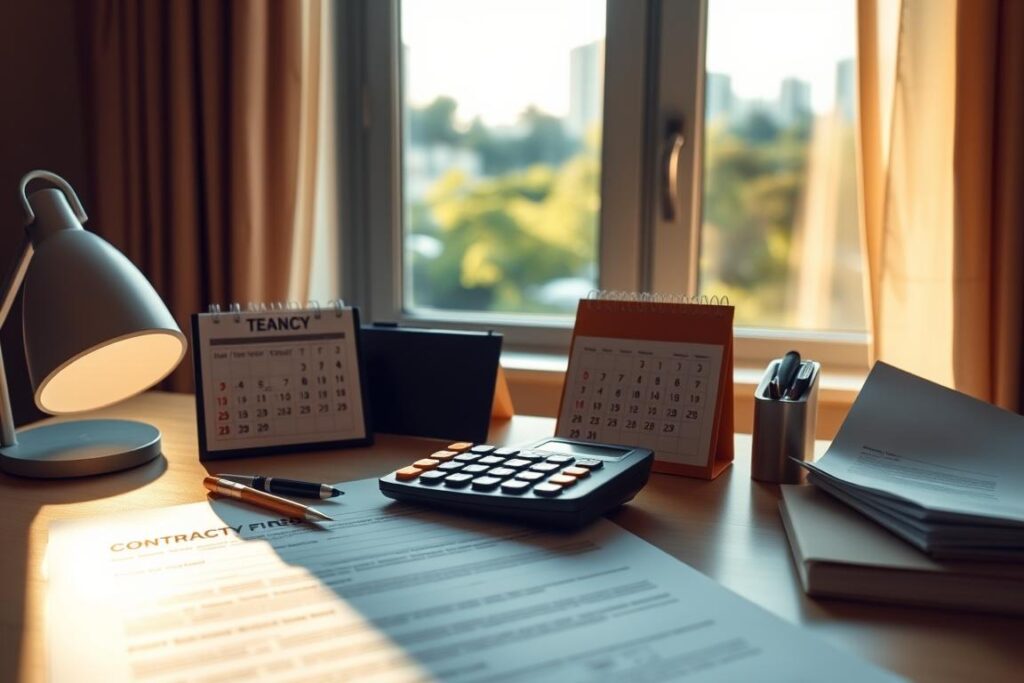 A neatly organized home office desk with a calculator, calendar, and documents related to rental contracts and tenancy. Soft, warm lighting illuminates the scene, creating a professional yet inviting atmosphere. The desk is positioned in front of a large window, allowing natural light to filter in and providing a serene, out-of-focus view of a lush, urban landscape. The overall composition conveys a sense of thoughtfulness and attention to detail, reflecting the importance of understanding tenancy-related deadlines and obligations.