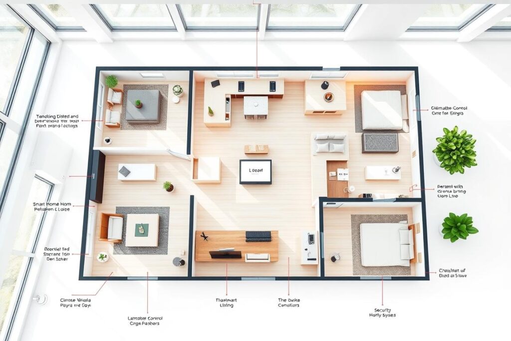 Detailed floor plan of a smart home, showcasing the integration of various connected devices and technologies. A clean, minimalist layout with distinct zones for living, dining, kitchen, and bedrooms, each equipped with smart lighting, climate control, and security systems. Sleek, modern furniture and fixtures complement the seamless smart home design. Natural light filters in through large windows, creating a bright and airy atmosphere. A central control panel or digital interface is prominently displayed, allowing for easy management of the home's interconnected systems. The overall impression is one of efficiency, comfort, and technological harmony within a well-thought-out domestic space.